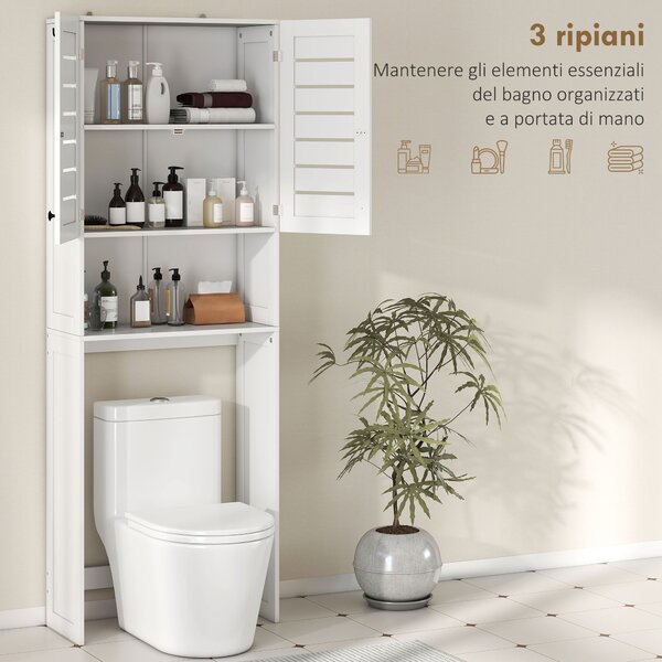 HOMCOM Mobile Sopra WC con Armadietto a 2 Ante e Ripiano Aperto, in Legno Bianco, 67x31.5x190 cm | Aosom Italy