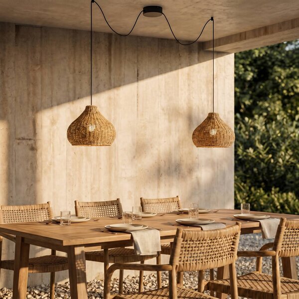 Lucande lampada a sospensione da esterno Taniola, 2 luci, beige, rattan, IP44 Taniola Lucande, dimmerabile, Legno chiaro, Legno, Campagna / Rustiche