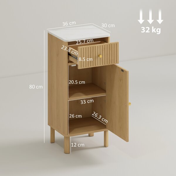 HOMCOM Mobiletto per bagno, con piano effetto marmo e cassetto 36 x 30 x 80 cm, Rovere | Aosom Italy