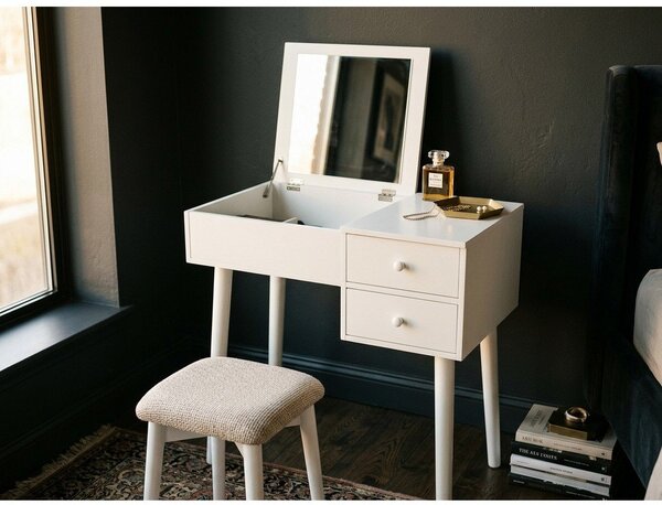 Tavolino da toilette bianco con specchio, portagioie e 2 cassetti Beauty - Bonami Essentials