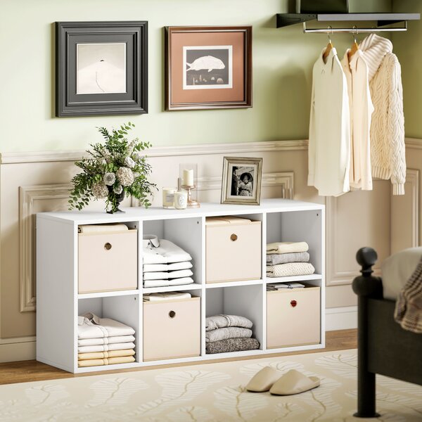 HOMCOM Libreria a Cubi con 8 Comparti e 4 Cassetti di Tessuto, 105,9x30x53,7 cm, Bianco e Beige | Aosom Italy