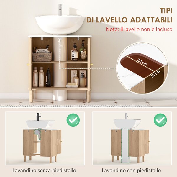 HOMCOM Mobile Sottolavabo a 2 Ante con Ripiano Effetto Marmo e Mensola Regolabile, Rovere | Aosom Italy