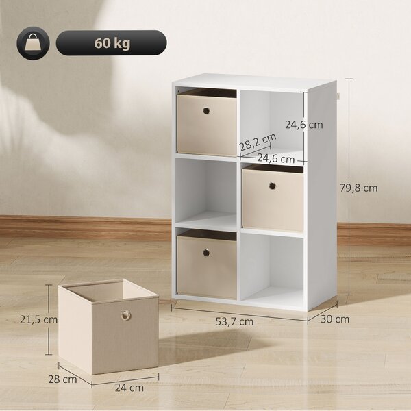 HOMCOM Libreria a Cubi con 6 Compartimenti e 3 Cassetti di Stoffa 53,7x30x79,8 cm Bianco e Beige | Aosom Italy
