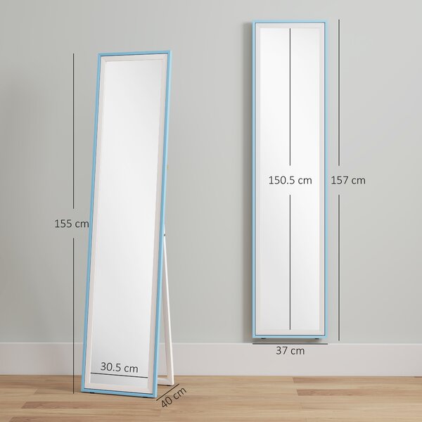 HOMCOM Specchio da Terra a Figura Intera con Cornice in MDF Rettangolare con 2 Modalità d'Uso 37x4x157 cm Bianco e Blu | Aosom Italy