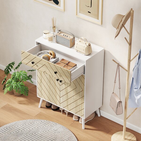 HOMCOM Scarpiera per Ingresso con 2 Porte Ripiani Regolabili Cassetto per 12 Paia di Scarpe 75x35x97 cm Bianco e Naturale | Aosom Italy