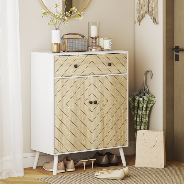 HOMCOM Scarpiera per Ingresso con 2 Porte Ripiani Regolabili Cassetto per 12 Paia di Scarpe 75x35x97 cm Bianco e Naturale | Aosom Italy