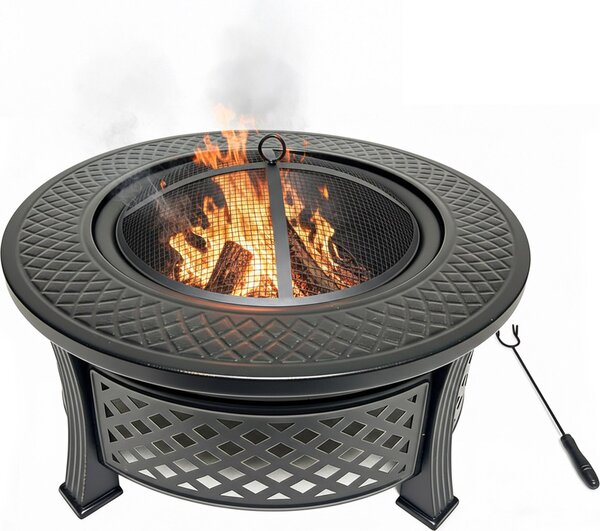 Braciere Relaxdays, Ø 55 cm, con parascintille, attizzatoio, acciaio, braciere da giardino, terrazza, nero