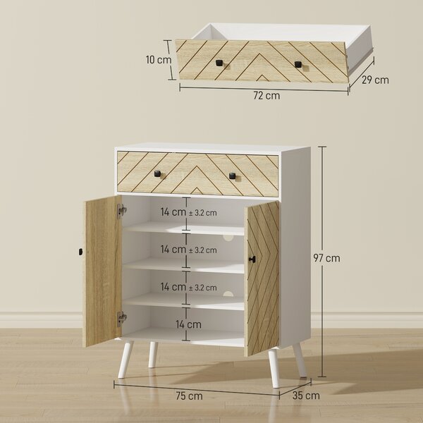 HOMCOM Scarpiera per Ingresso con 2 Porte Ripiani Regolabili Cassetto per 12 Paia di Scarpe 75x35x97 cm Bianco e Naturale | Aosom Italy