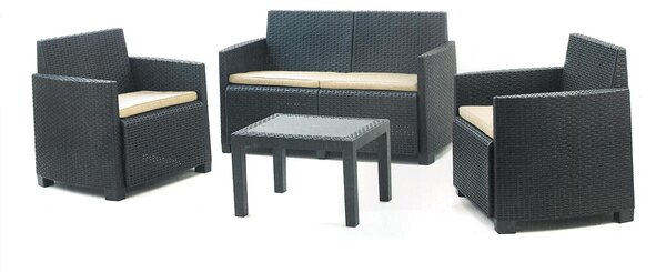 Arena - Salottino da giardino in polyrattan con divanetto 2 posti + 2 poltrone + tavolino da caffè. Set lounge da esterno color antracite fornito con 4 cuscini color crema