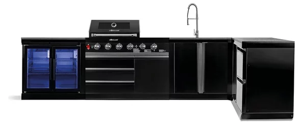 Cucina da esterno GORILLER® BLACKBACK XL3, barbecue a gas con doppio frigorifero, lavello, piano di lavoro aggiuntivo, spazio di archiviazione, ad angolo, acciaio inox, nero
