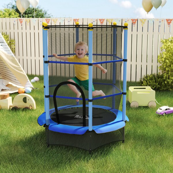 HOMCOM Tappeto Elastico per Bambini con Rete di Sicurezza e Pali Imbottiti Età 3-10 Anni, Ø140 x 190 cm, Blu