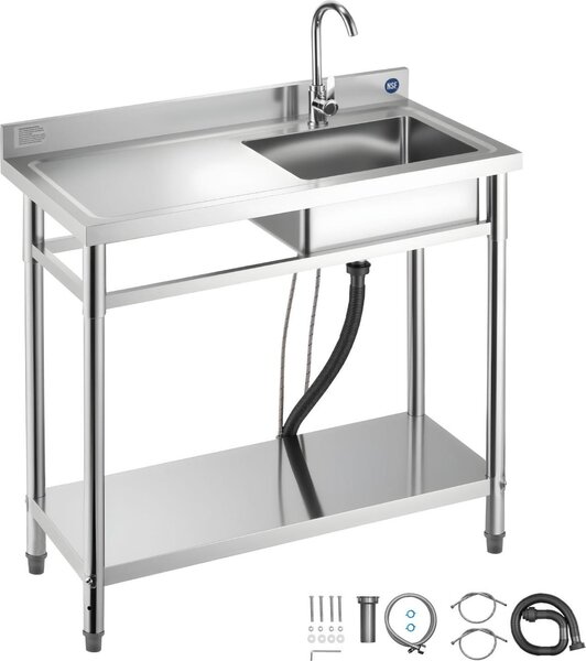 Lavello in acciaio inox - Lavello da cucina a una vasca - 100 x 50 x 94 cm - Con rubinetto - Piano di lavoro a sinistra - Per ristorazione, lavanderia e uso esterno
