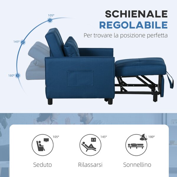 HOMCOM Poltrona Letto Singola Reclinabile su 3 Livelli con Cuscino e 2 Tasche Laterali, 69x82x85cm, Blu | Aosom Italy
