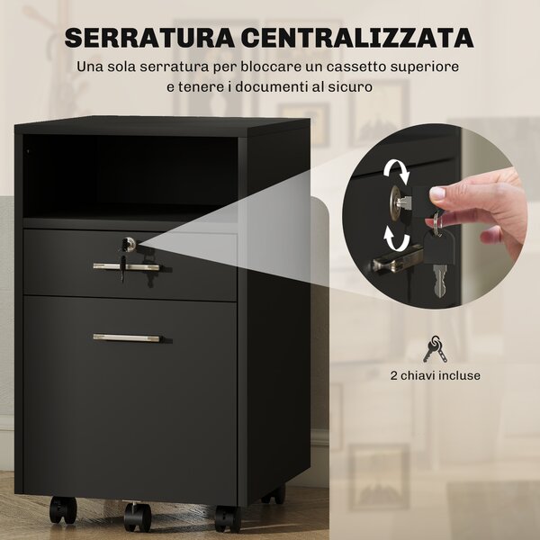 Vinsetto Cassettiera da Ufficio Portadocumenti in Legno con 2 Cassetti e Ripiano Aperto, 39x40x65 cm, Nero | Aosom Italy