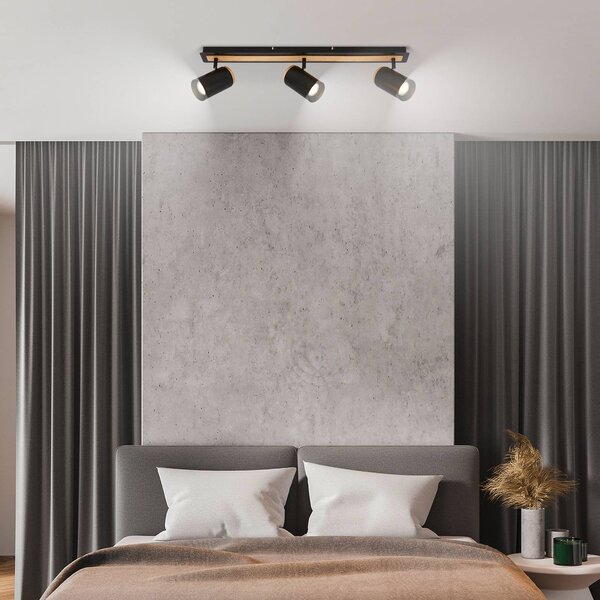 Briloner Faretto da soffitto Duta, lunghezza 70 cm, nero/colore legno, a 3 luci. dimmerabile, Nero, Soggiorno / Sala da pranzo, Metallo, Faretto alogeno