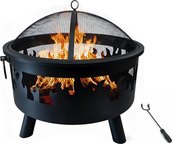 Braciere Relaxdays, Ø 64 cm, parascintille, attizzatoio, acciaio, design a fiamme, braciere da giardino, nero