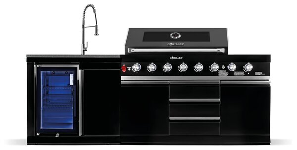 Cucina esterna GORILLER® BLACKBACK S1, grill a gas XXL con frigorifero e acqua dolce, acciaio inox, nero