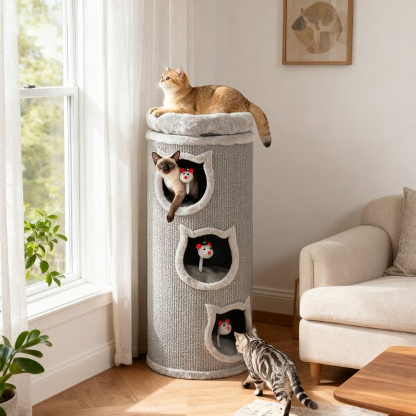 PawHut Torre tiragraffi per gatti, a 4 livelli con letto lavabile, 3 tane, gioco sospeso, 96 cm, Grigio | Aosom Italy