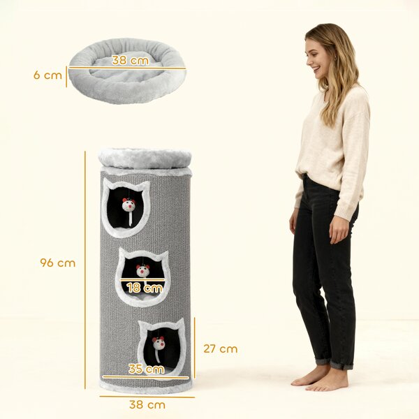 PawHut Torre tiragraffi per gatti, a 4 livelli con letto lavabile, 3 tane, gioco sospeso, 96 cm, Grigio | Aosom Italy