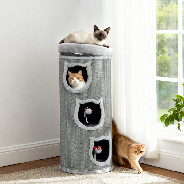 PawHut Torre tiragraffi per gatti, a 4 livelli con letto lavabile, 3 tane, gioco sospeso, 96 cm, Grigio | Aosom Italy