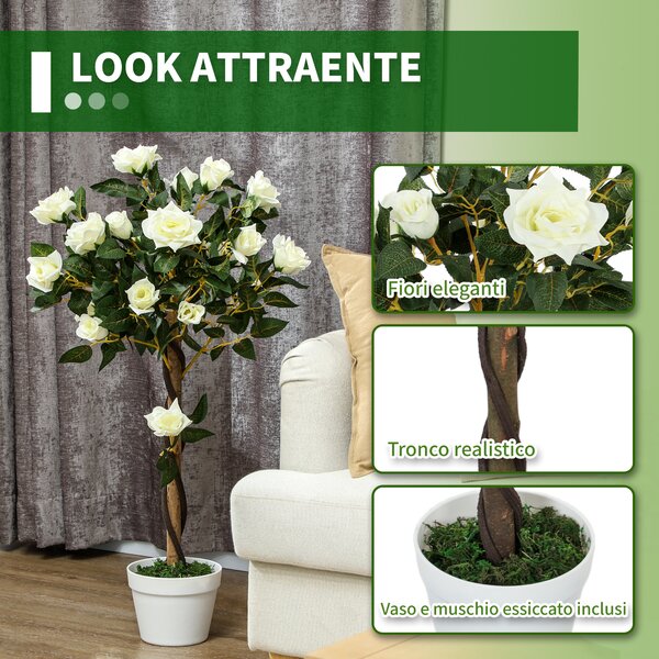 Outsunny Pianta Finta di Rosa da 21 Fiori con Vaso Riempito in Cemento e Muschio, Ø18x90 cm, Bianco | Aosom Italy