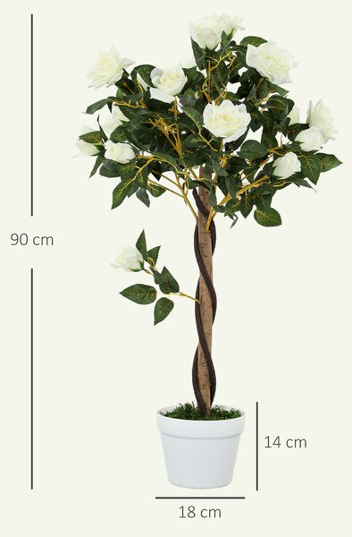 Outsunny Pianta Finta di Rosa da 21 Fiori con Vaso Riempito in Cemento e Muschio, Ø18x90 cm, Bianco | Aosom Italy