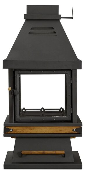 Elegante caminetto nero autoportante in acciaio inox e legno