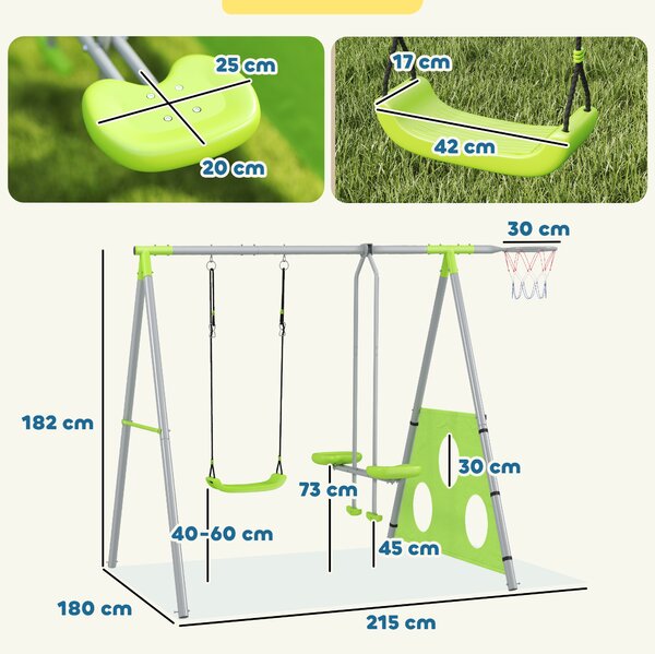AIYAPLAY Gioco per Bambini 4 in 1 con 2 Altalene da Giardino, Canestro e Porta da Calcio, 215x180x182 cm, Verde e Grigio