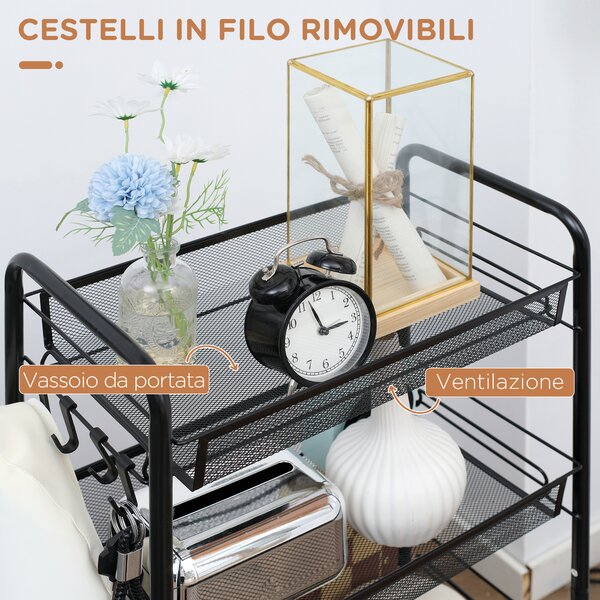HOMCOM Carrello Cucina 4 Ripiani Rimovibili, 4 Ganci, Ruote Scorrevoli, Acciaio e Plastica PP, 45x26.5x84 cm - Nero|Aosom