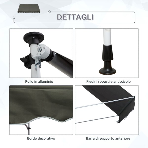 Outsunny Tenda avvolgibileda da Sole a Bracci con Manovella e Pali di Supporto, Struttura Telescopica in Metallo, 300x150cm, Grigio | Aosom Italy