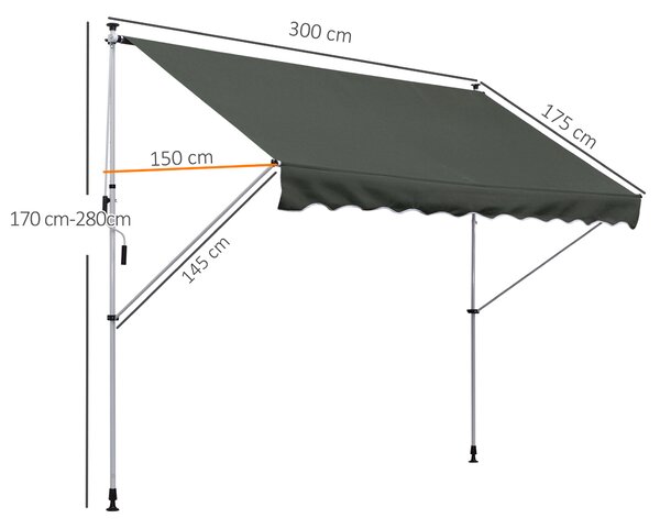 Outsunny Tenda avvolgibileda da Sole a Bracci con Manovella e Pali di Supporto, Struttura Telescopica in Metallo, 300x150cm, Grigio | Aosom Italy