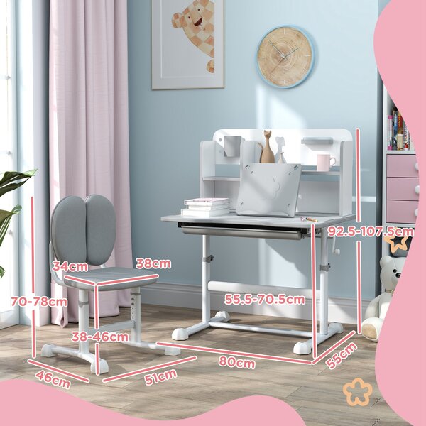 AIYAPLAY Set Tavolo e Sedie per Bambini 6-12 Anni, Scrivania con Altezza Regolabile e Sedia Inclinabile, Set Studio Ergonomico, Grigio | Aosom Italy