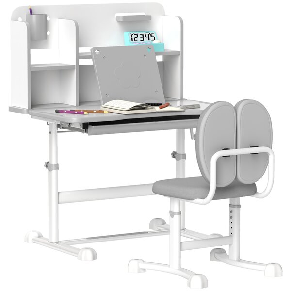 AIYAPLAY Set Tavolo e Sedie per Bambini 6-12 Anni, Scrivania con Altezza Regolabile e Sedia Inclinabile, Set Studio Ergonomico, Grigio | Aosom Italy