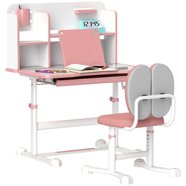 AIYAPLAY Set Tavolo e Sedie Regolabili per Bambini 3-12 anni con Piano Inclinabile e Cassetto, Libreria e portapenne, Rosa|Aosom Italy