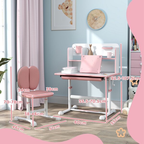 AIYAPLAY Set Tavolo e Sedie Regolabili per Bambini 3-12 anni con Piano Inclinabile e Cassetto, Libreria e portapenne, Rosa|Aosom Italy