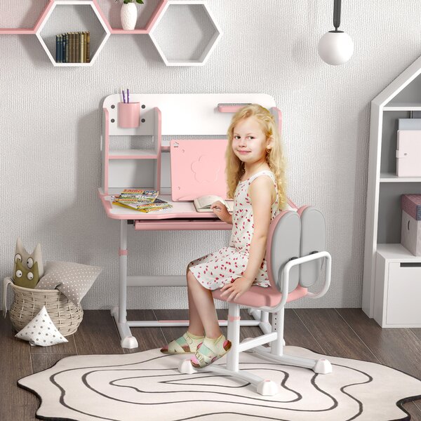 AIYAPLAY Set Tavolo e Sedie Regolabili per Bambini 3-12 anni con Piano Inclinabile e Cassetto, Libreria e portapenne, Rosa|Aosom Italy