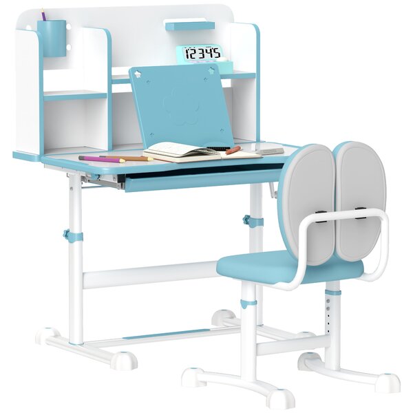 AIYAPLAY Set Scrivania e Sedia Regolabili per Bambini con Piano Inclinabile e Cassetto Scaffale Ergonomico Blu per Studio e Gioco |Aosom