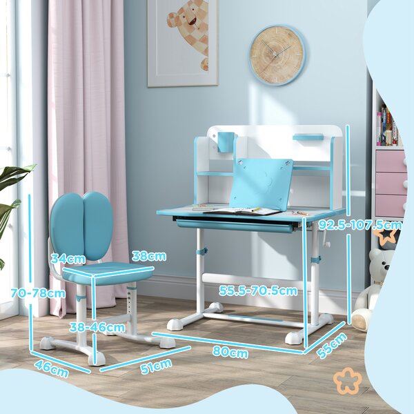 AIYAPLAY Set Scrivania e Sedia Regolabili per Bambini con Piano Inclinabile e Cassetto Scaffale Ergonomico Blu per Studio e Gioco |Aosom