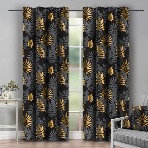 Tenda su anelli 140x250 cm nero con foglie