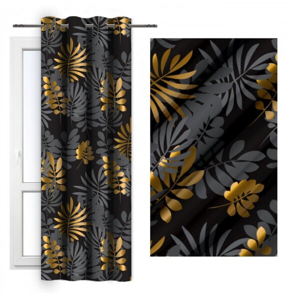 Tenda su anelli 140x250 cm nero con foglie