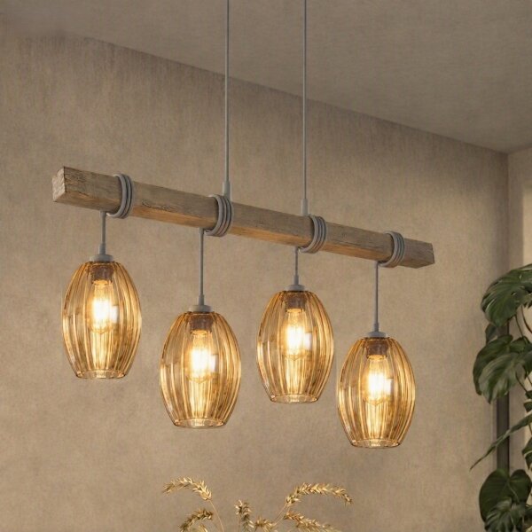 Brilagi - Lampadario sospeso su cavo WOOD GLASS 4xE27/60W/230V pino/grigio/marrone fumé