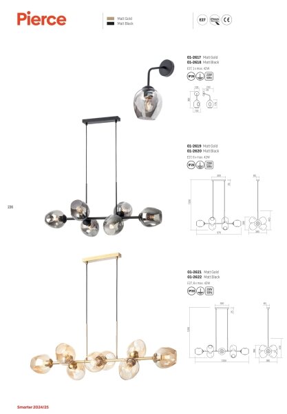 Redo 01-2617 - Applique PIERCE 1xE27/42W/230V oro/fumé