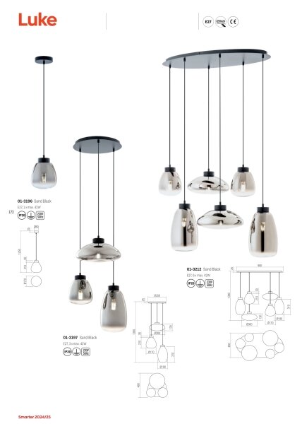 Redo 01-3196 - Lampadario a sospensione con filo LUKE 1xE27/42W/230V diametro 17 cm nero