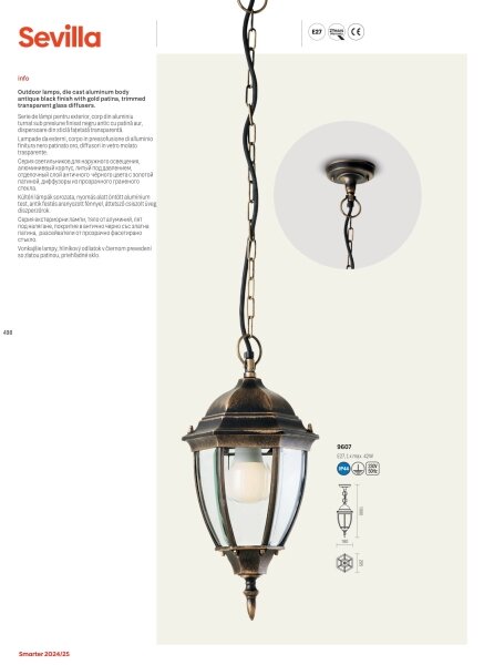 Redo 9607 - Lampadario da esterno a sospensione con catena SEVILLA 1xE27/42W/230V IP44 oro/patina