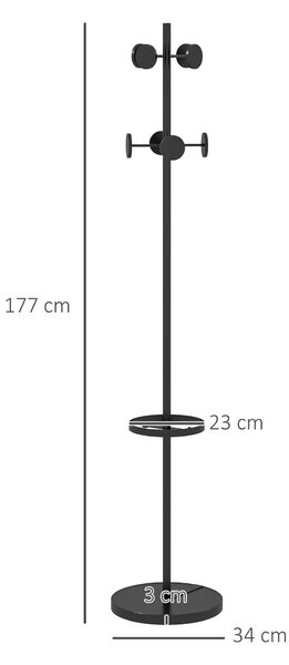 HOMCOM Appendiabiti da Terra con Portaombrelli e 8 Ganci a Disco in Metallo Ø34 x 177cm, Nero|Aosom