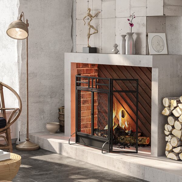 HOMCOM Parascintille Pieghevole a 3 Pannelli con Doppia Porta in Metallo, 120x11.5x79 cm, Nero | Aosom Italy
