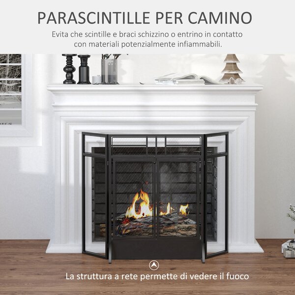 HOMCOM Parascintille Pieghevole a 3 Pannelli con Doppia Porta in Metallo, 120x11.5x79 cm, Nero | Aosom Italy