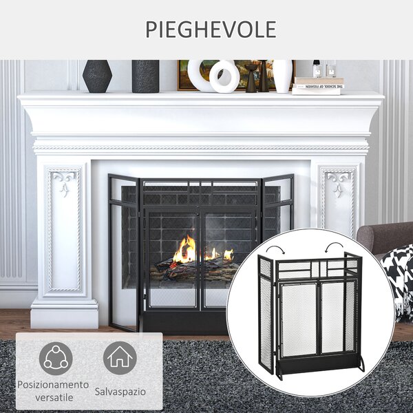HOMCOM Parascintille Pieghevole a 3 Pannelli con Doppia Porta in Metallo, 120x11.5x79 cm, Nero | Aosom Italy