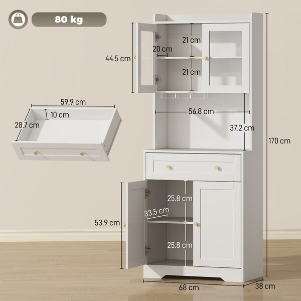 HOMCOM Armadio da cucina con piano di lavoro e portabicchieri, 170 cm, bianco | Aosom Italy