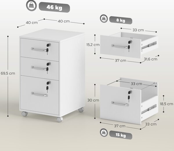 HOMCOM Cassettiera da ufficio mobile con 3 cassetti bloccabili, 40x40x69,5 cm, bianco | Aosom Italy